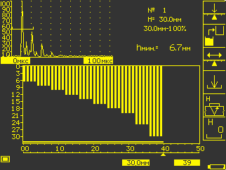 Дефектоскоп УД2-140: вид экрана при режиме Н - запись одиночных координат профиля рельефа